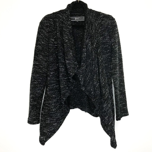 BNCI by Blanc Noir Women's Tweed Drape Front Shawl Collar Cardigan Sweater Black - Picture 2 of 8